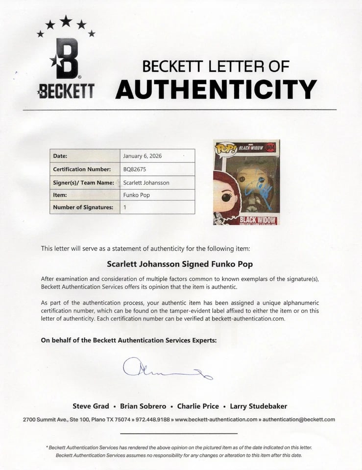 Marvel Avengers: Scarlett Johansson Signed "Black Widow" Funko Pop #604 (Beckett/BAS Authentication) - 5