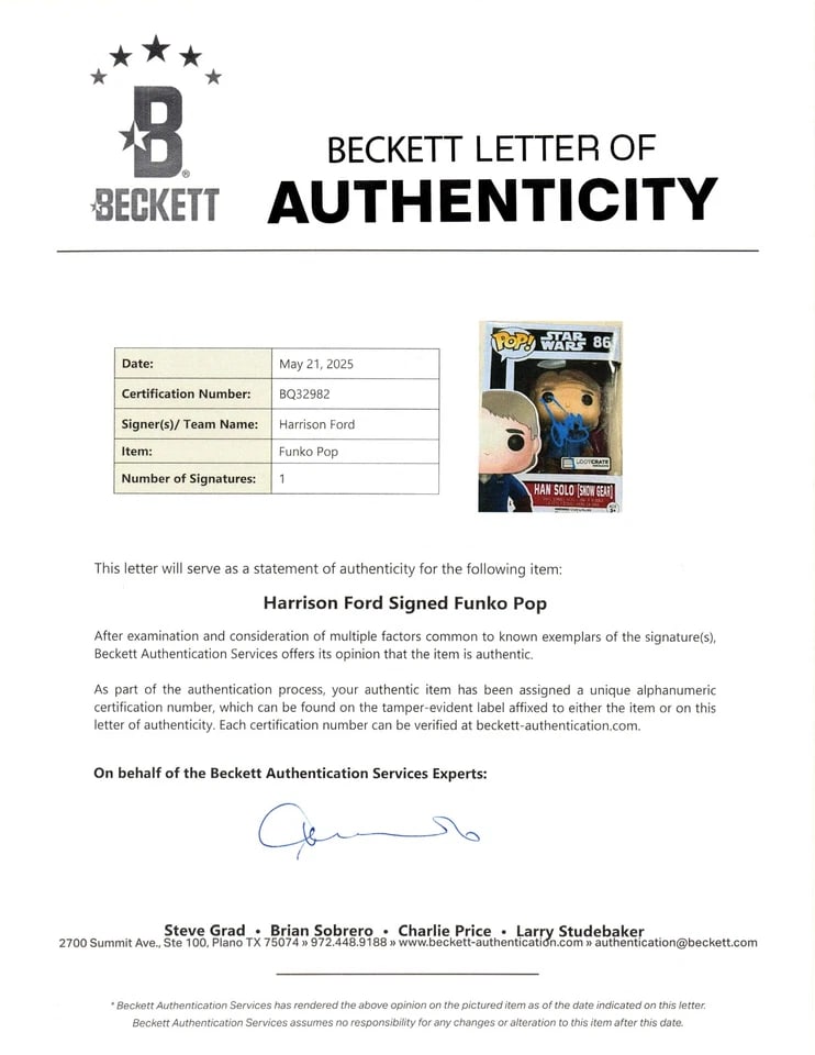 Star Wars: Harrison Ford Signed Han Solo {Snow Gear} Funko Pop #86 (Beckett Authentication) - 5