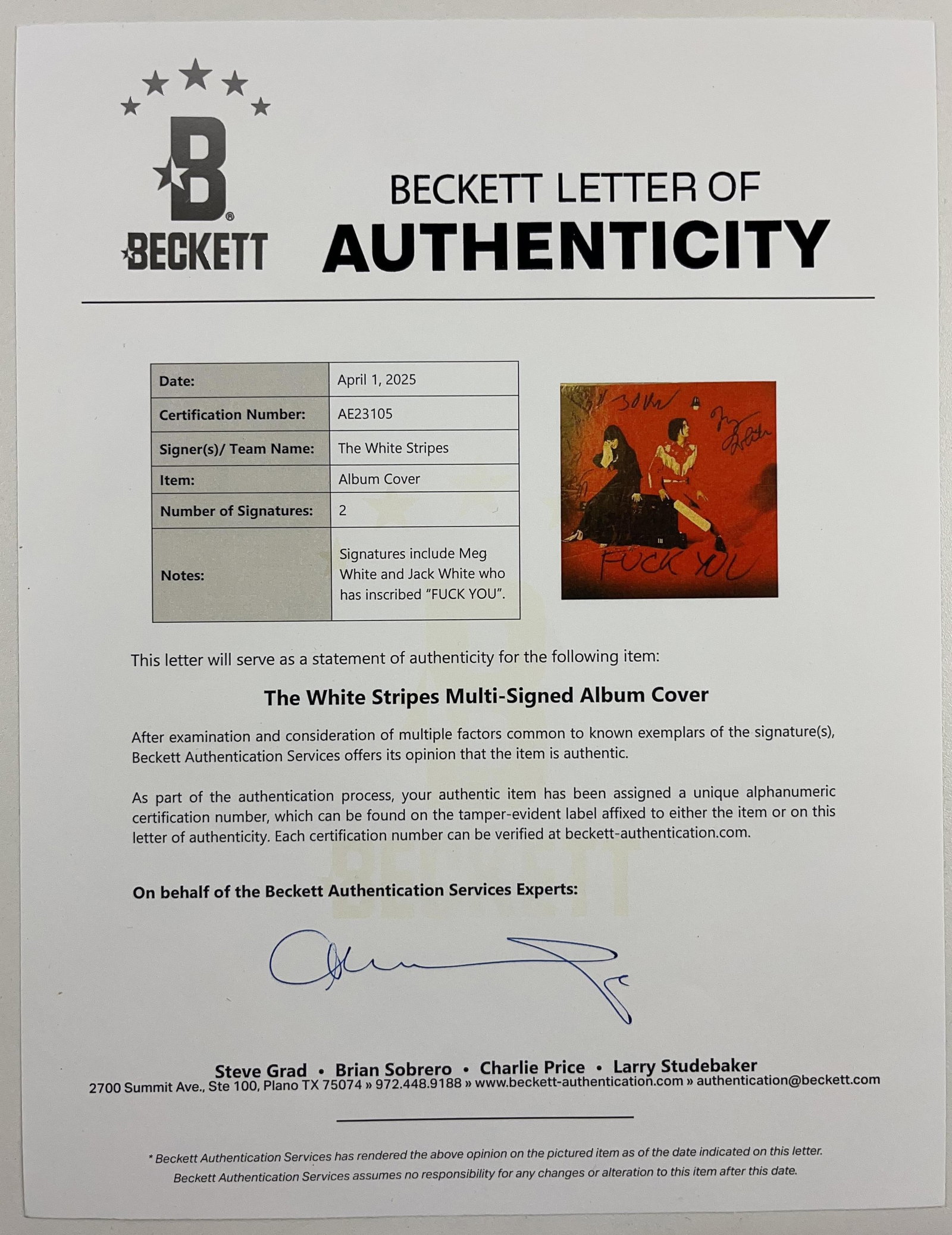 White Stripes Group Signed Meg & Jack White "Elephant" Album (2 Sigs) (Beckett) - 3