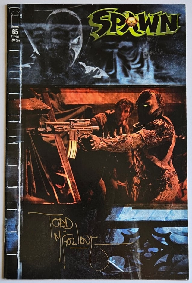 Todd McFarlane Signed "Spawn" Comic Book (Third Party Guaranteed): "Spawn" 10" x 6.5" comic book signed on the cover in gold felt tip marker by author Todd McFarlane. In fine condition. Provenance Eaton & Brennan Auctions guarantees this lot to pass Third-Party Authe