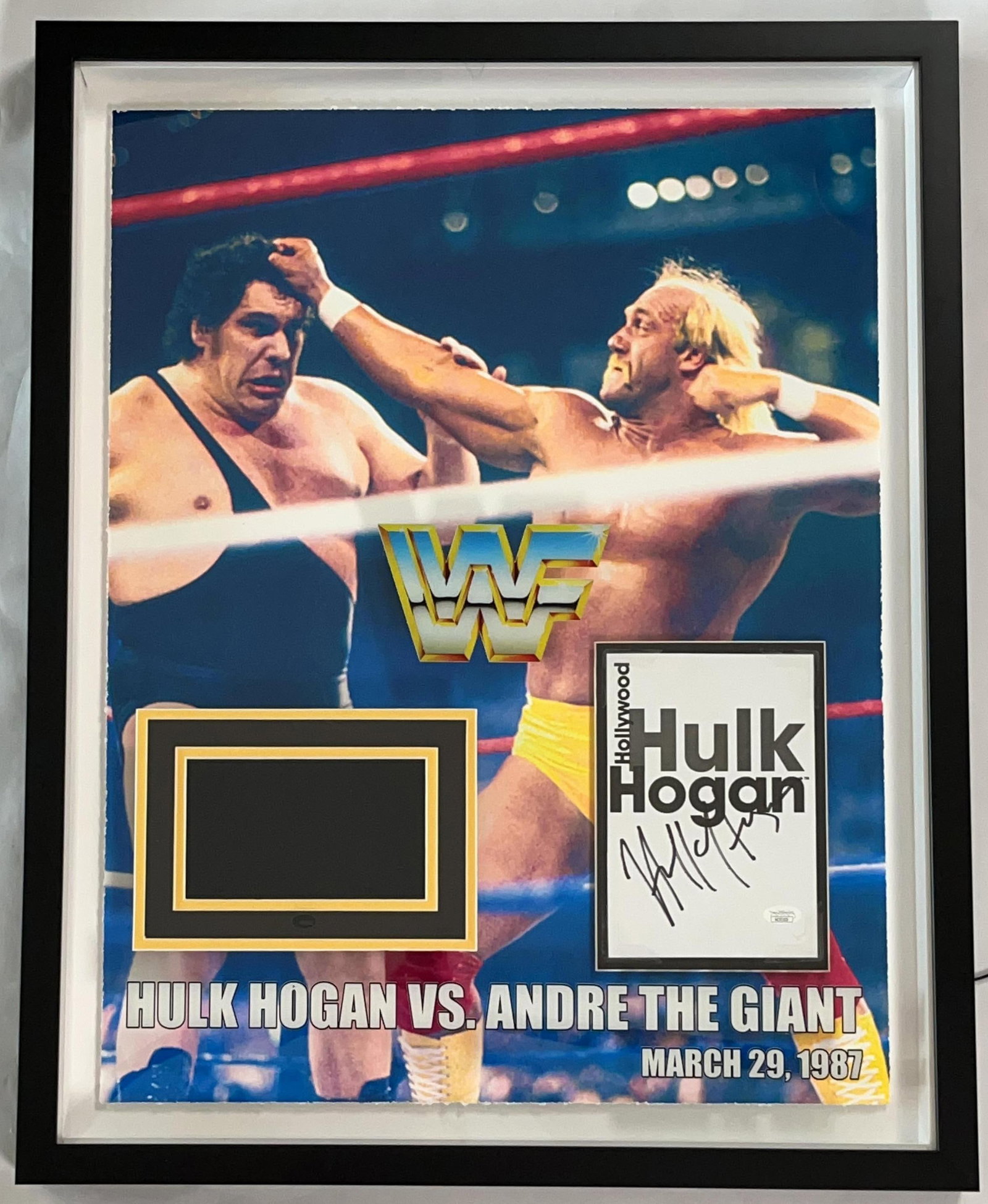 Hulk Hogan Signed Book Page & Wrestling Match Video Framed Display (JSA Authentication): White title page of "Hollywood Hulk Hogan" book signed in black felt tip marker by wrestler Hulk Hogan. Book page measures 8" x 5.5" and is displayed in a frame measuring 30" x 24" overall. Display