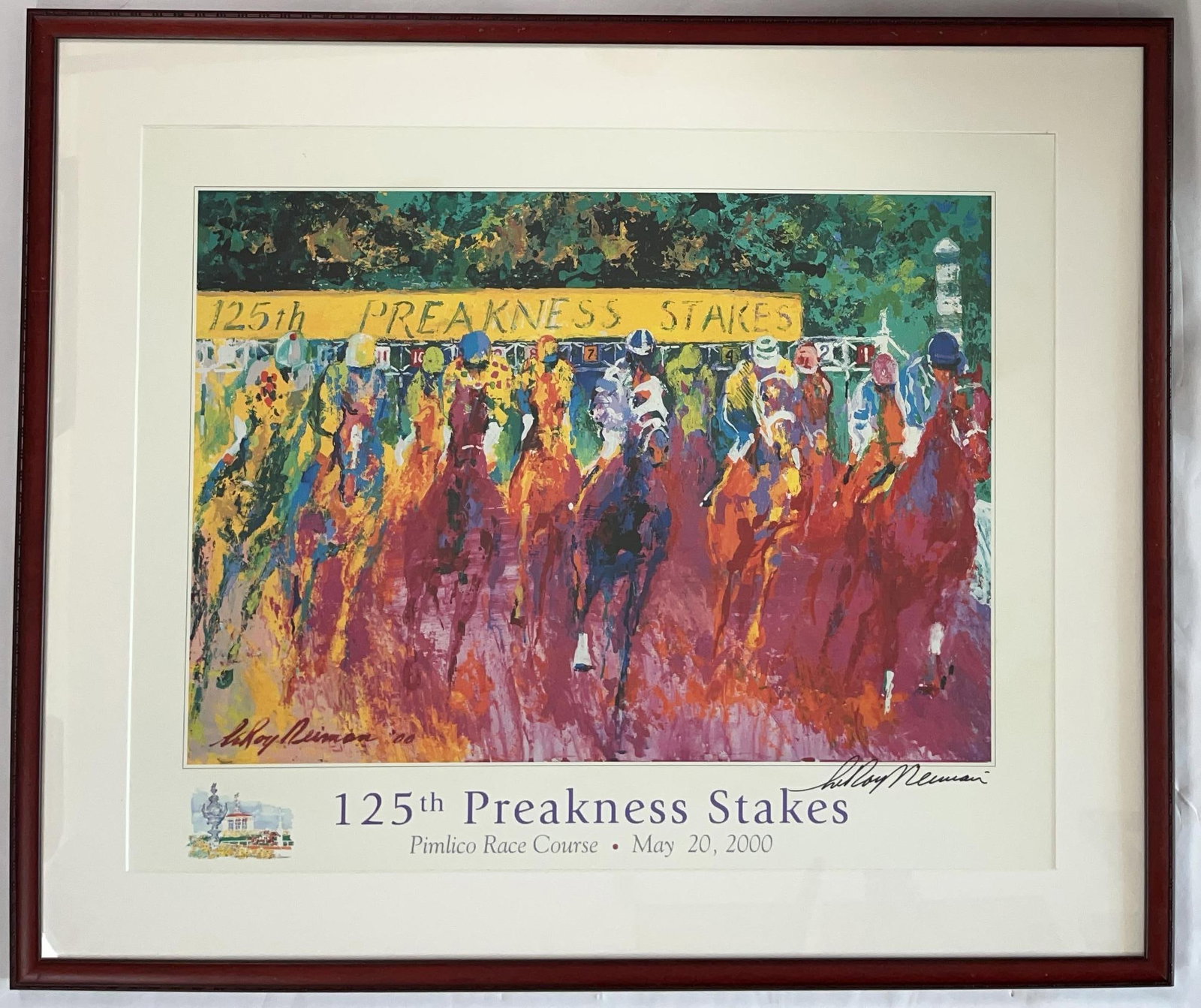 Leroy Neiman "Preakness Stakes" Signed Framed Print Display (Third Party Guaranteed): Color print for the 125th running of the Preakness Stakes races, signed in black felt tip marker by artist Leroy Neiman. Signed print measured 31" x 37.25" and is displayed in a frame measuring 23.5"