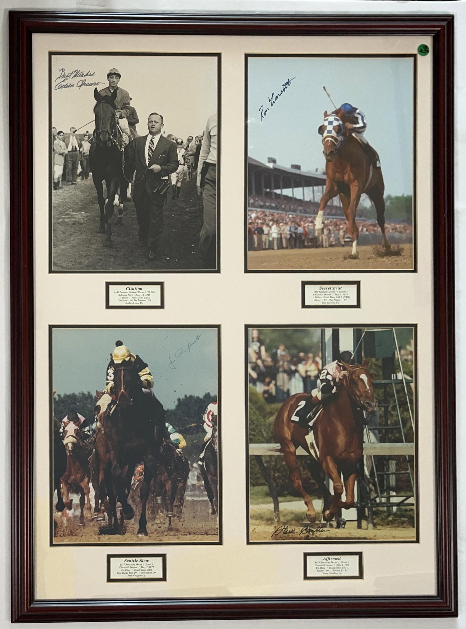 Triple Crown (4) Signed Photo Framed Display (4 Sigs) (Third Party Guaranteed): Framed display of four color and black-and-white photos. First black-and-white photo signed in black felt tip marker by jockey Eddie Arcaro, who also inscribed the message "Best Wishes" before his