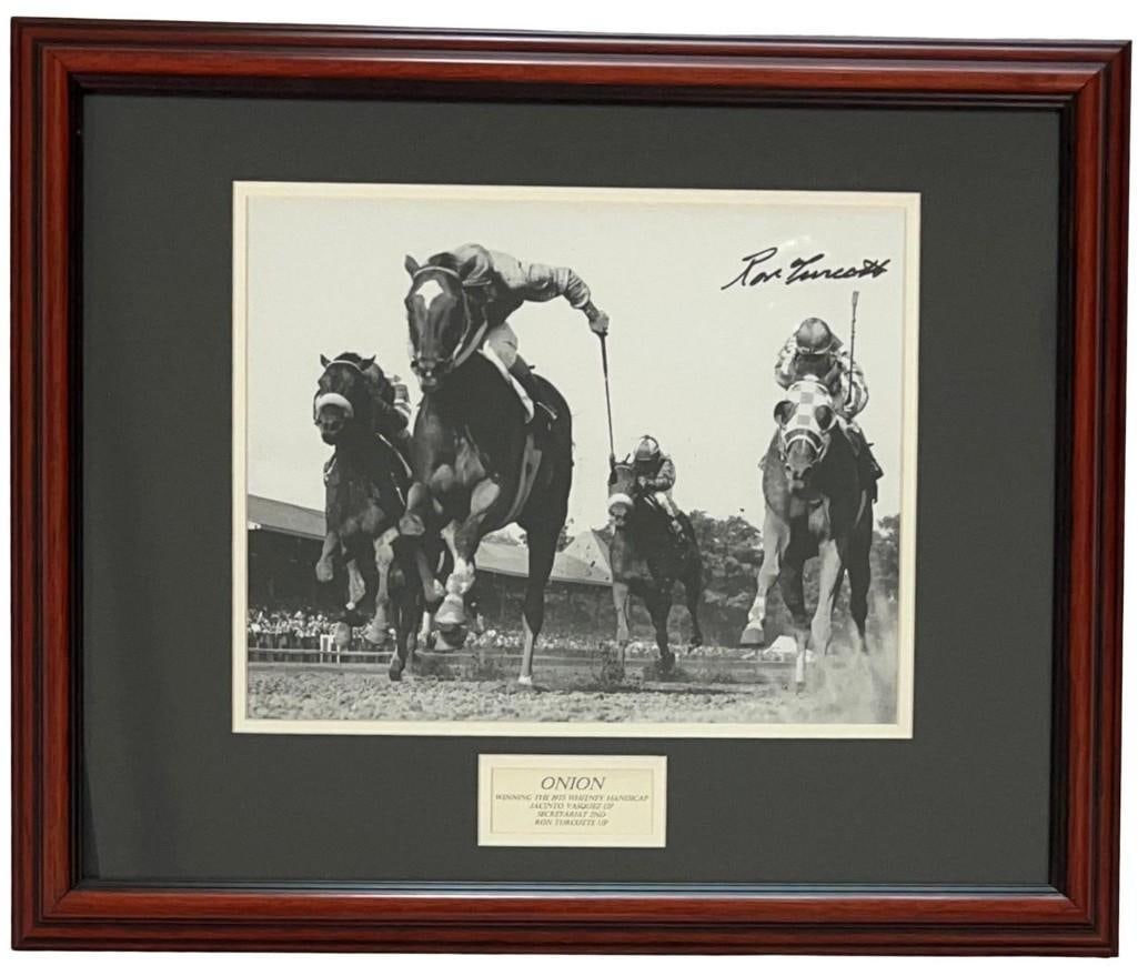 Ron Turncotte Signed Photo "Onion Winning the Whitney Handicap" Framed Display (Third Party Guar.): Black-and-white photo of the 1973 Whitney Handicap race signed in black felt tip marker by jockey Ron Turncotte. Photo measured 10.25" x 13" and is displayed in a frame measuring 19" x 22.75"