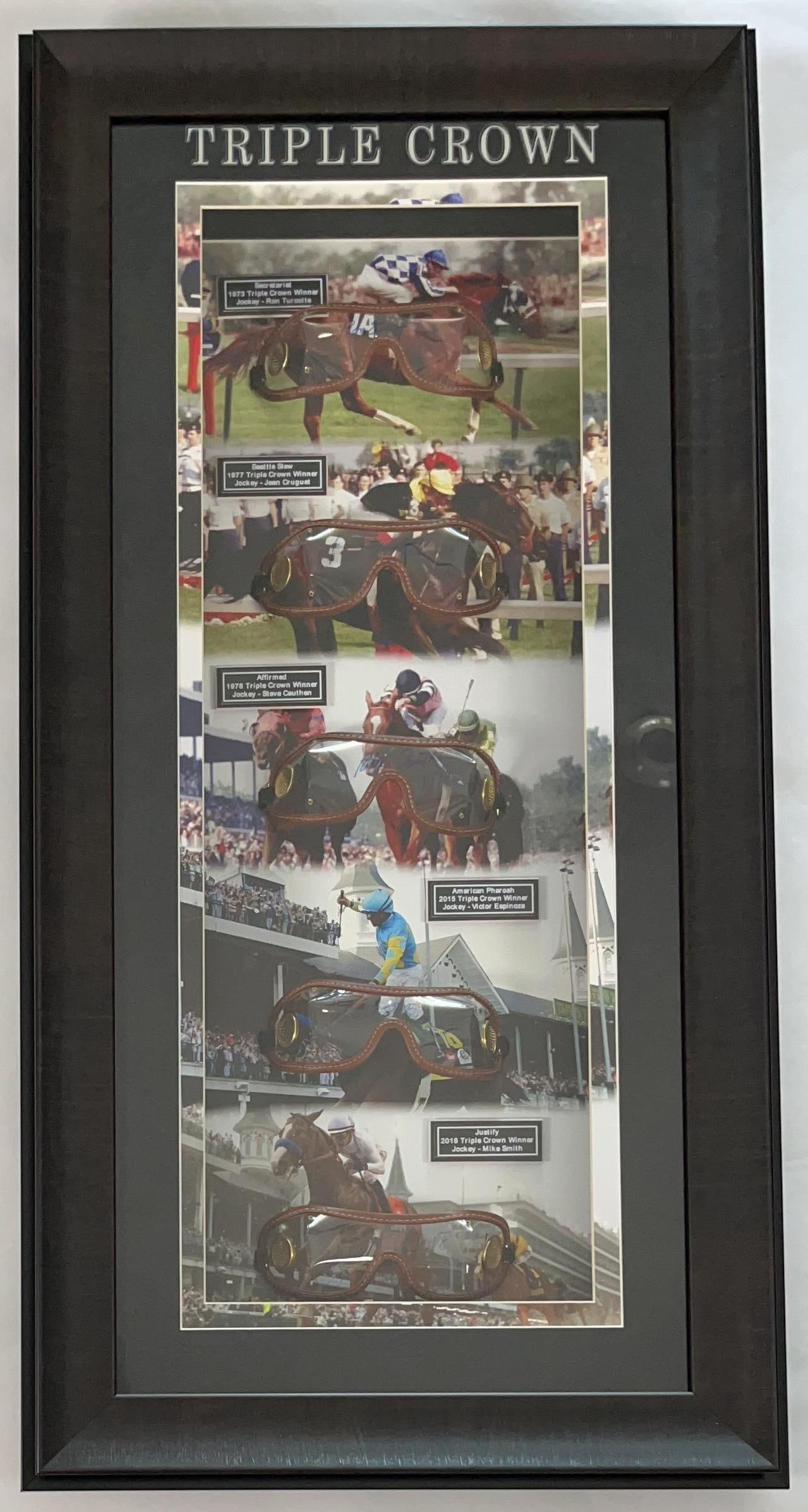 Triple Crown Framed Display (5) Signed Jockey Protective Glasses (Third Party Guaranteed): Framed display of five signed jockey protective glasses from competitors of the Triple Crown. First pair of glasses signed in blue felt tip marker by 1973 Triple Crown winner jockey Ron Turcotte.