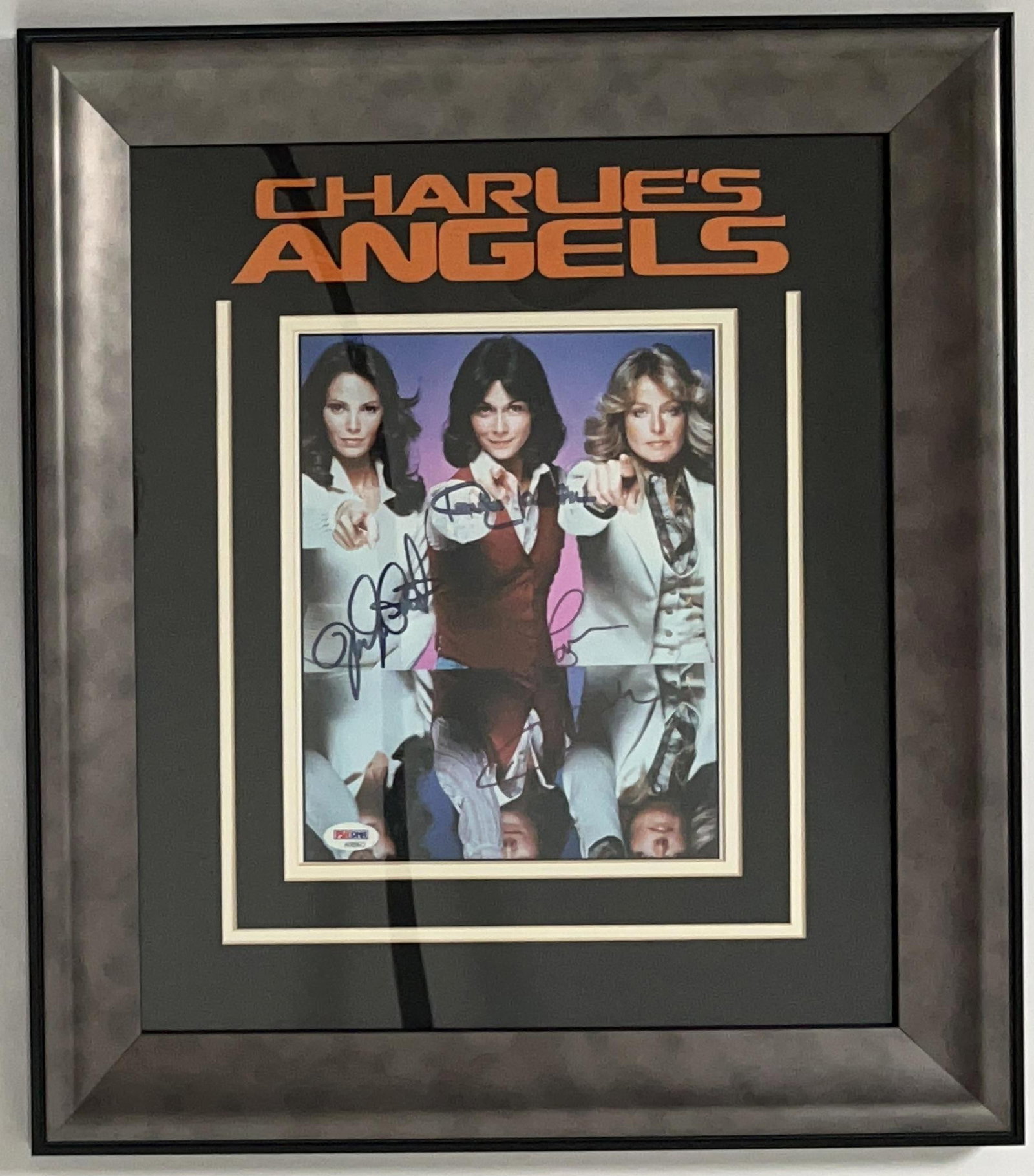 Charlie’s Angels: Farrah Fawcett, Jaclyn Smith & Kate Jackson Signed Framed Photo (3 Sigs) (PS: Color photo from the television show "Charlie's Angels" signed in black felt tip marker by Charlie's Angel's cast members Farrah Fawcett, Jaclyn Smith, and Kate Jackson. Signed photo measures 9.75" x
