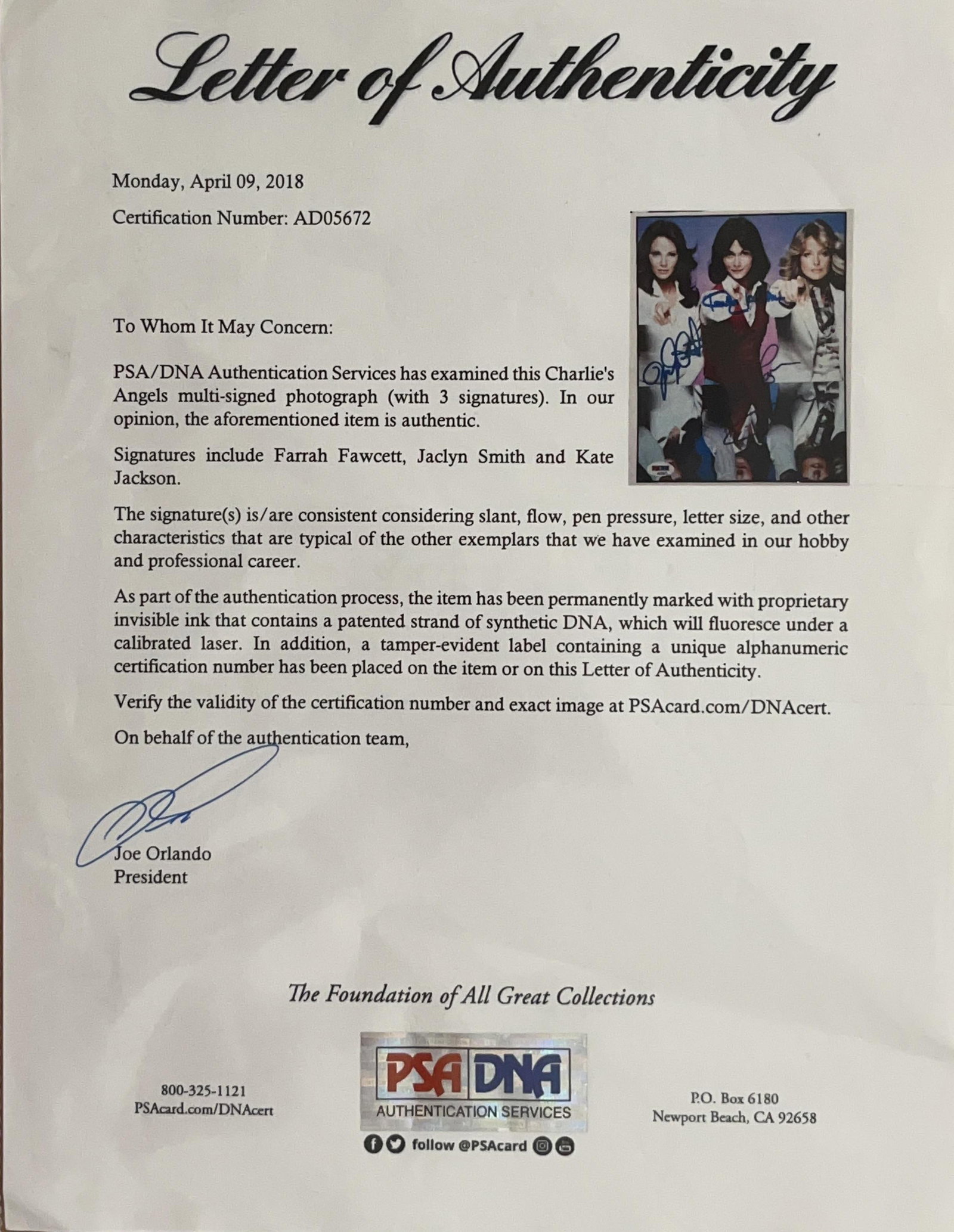 Charlie’s Angels: Farrah Fawcett, Jaclyn Smith & Kate Jackson Signed Framed Photo (3 Sigs) (PS - 3