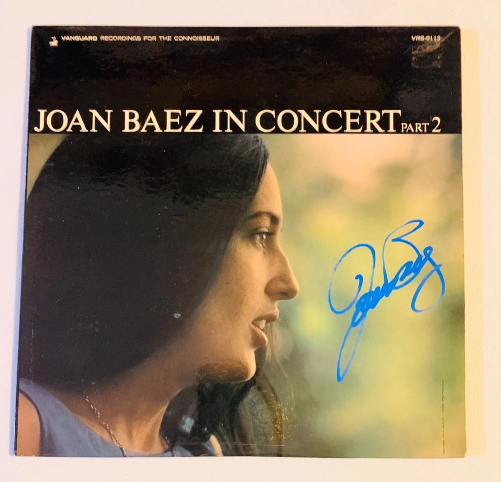 Joan Baez Signed "Baez in Concert Part 2" Album (Beckett Authentication): "Baez in Concert Part 2" album signed on the cover in blue paint pen by musician Joan Baez. Measuring approximately 12" x 12" and in fine condition. Record is included. Obtained in-person.
