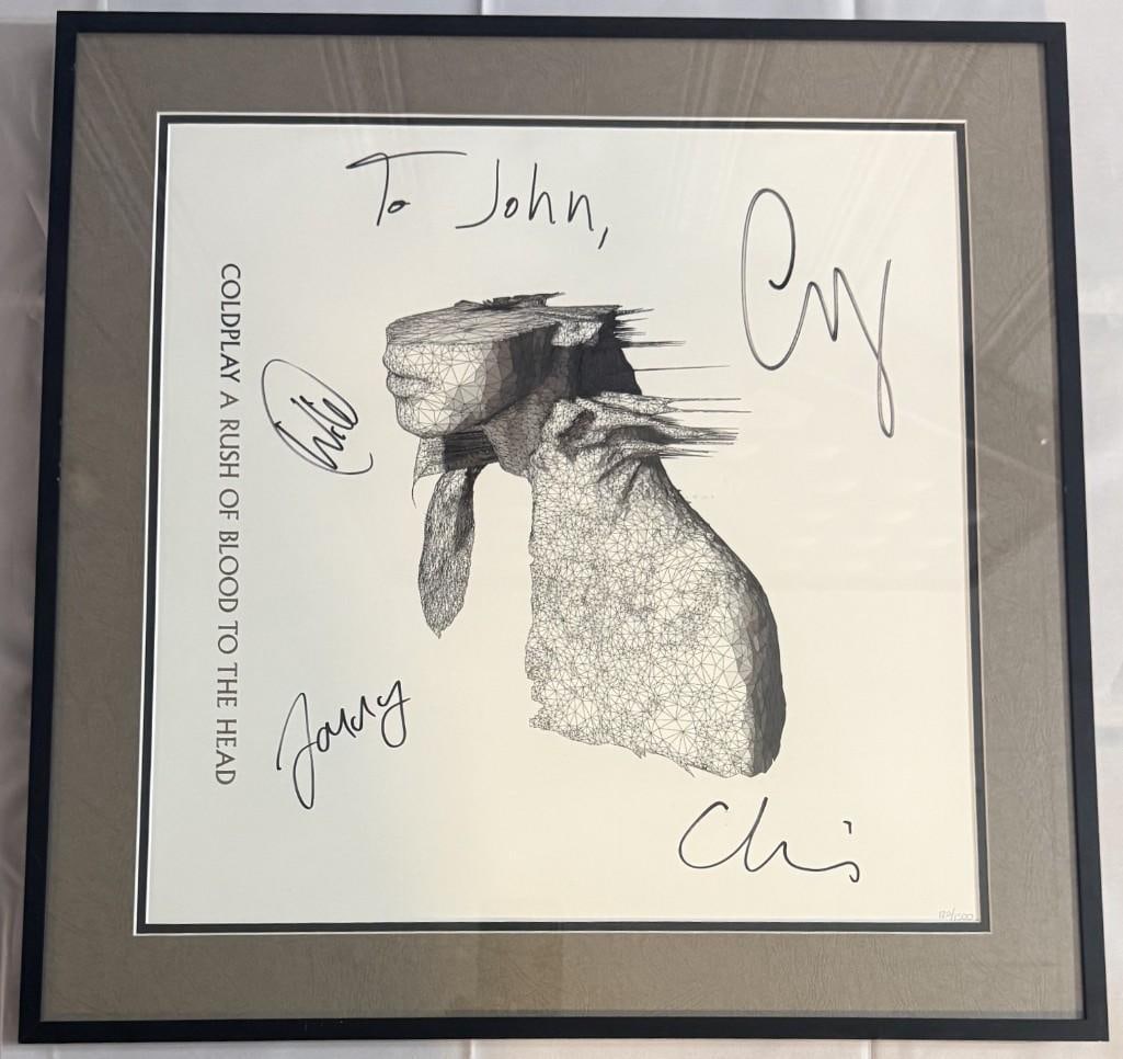 Coldplay Fully Signed 20" x 20" "Rush of Blood to the Head" Framed Lithograph (4 Sigs) (Epperson): Black-and-white 20" x 20" framed lithograph signed in black felt tip marker by Coldplay band members Chris Martin, who inscribed "To John" before his signature, Guy Berryman, Will Chapman, and Johnny 