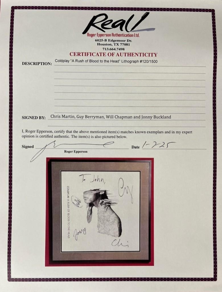 Coldplay Fully Signed 20" x 20" "Rush of Blood to the Head" Framed Lithograph (4 Sigs) (Epperson) - 7