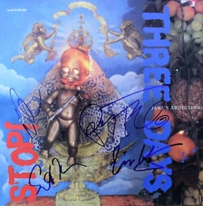 Jane's Addiction Group Signed "Three Days" Album (4 Sigs) (ACOA Authentication): "Three Days" album signed on the cover in blue and black felt tip markers by Jane's Addiction band members Perry Farrell, Dave Navarro, Eric Avery, and Stephen Perkins. Measuring approximately 12" x