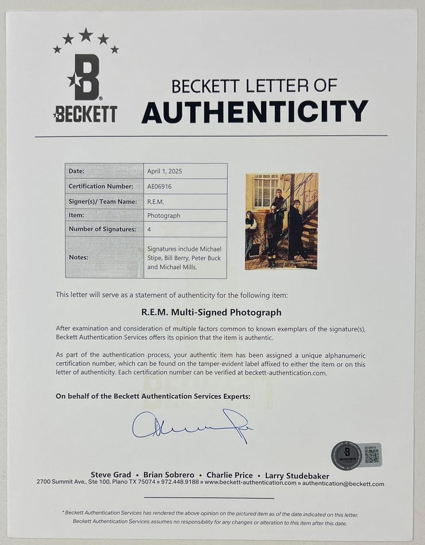 R.E.M. Fully Group Signed 10" x 8" Photo (4 Sigs) (Beckett Authentication) - 6