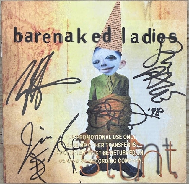Barenaked Ladies Fully Signed "Stunt" CD (5 Sigs) (Third Party Guaranteed): "Stunt" CD signed on the cover in black felt tip marker by Barenaked Ladies band members Ed Robertson, Jim Creeggan, Kevin Hearn, Stephen Page, and Tyler Stewart. Measuring approximately 5" x 5" and i