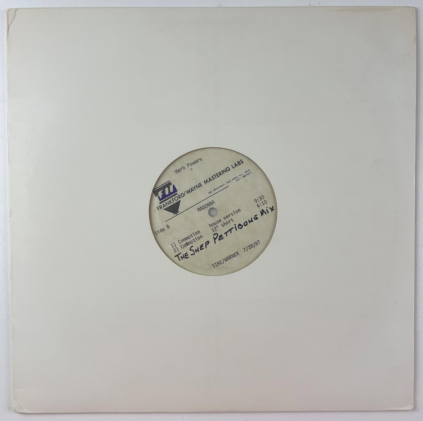Madonna “Commotion” Original 1987 Shep Pettibone Mix Acetate - 3
