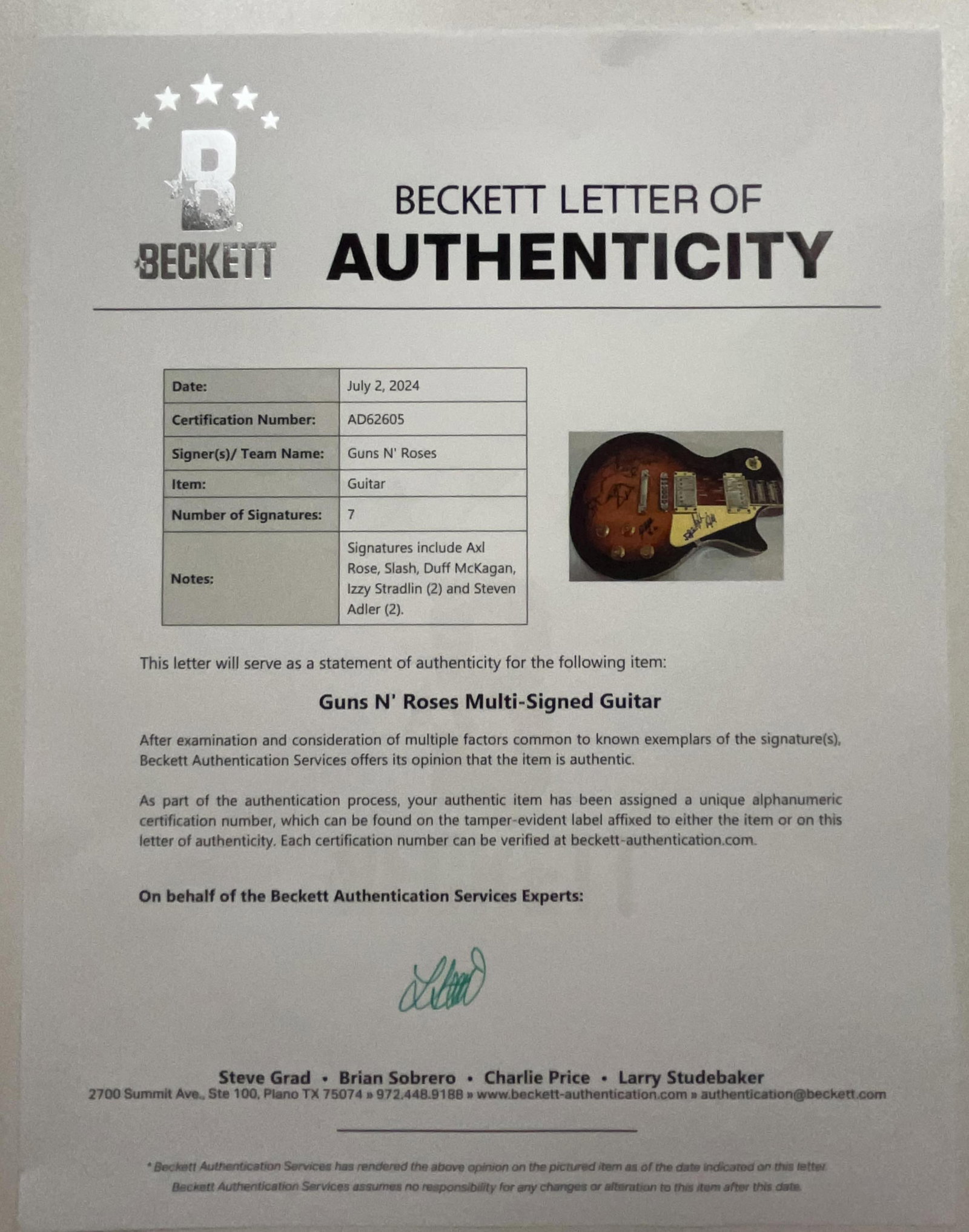 Guns N’ Roses Fully Group Signed Les Paul-Style Guitar (7 Sigs) (Beckett Authentication) - 3