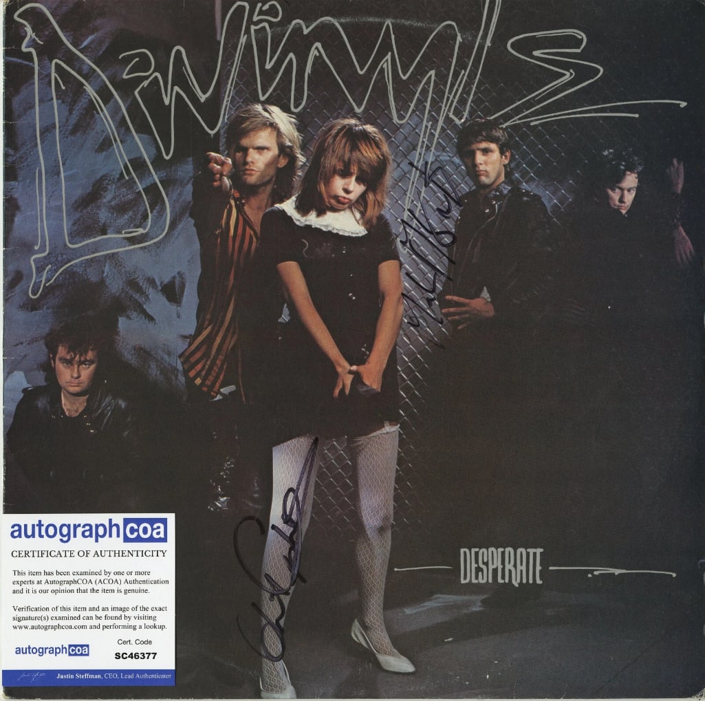 DiVinyls: Chrissy Amphlet & Mark McEntee Signed Debut "Desperate" Album (2 Sigs) (ACOA): "Desperate" album signed on the cover in black felt tip marker by DiVinyls band members Chrissy Amphlett, Mark McEntee. Measuring approximately 12" x 12" and in fine condition. Accompanied by an ACOA 
