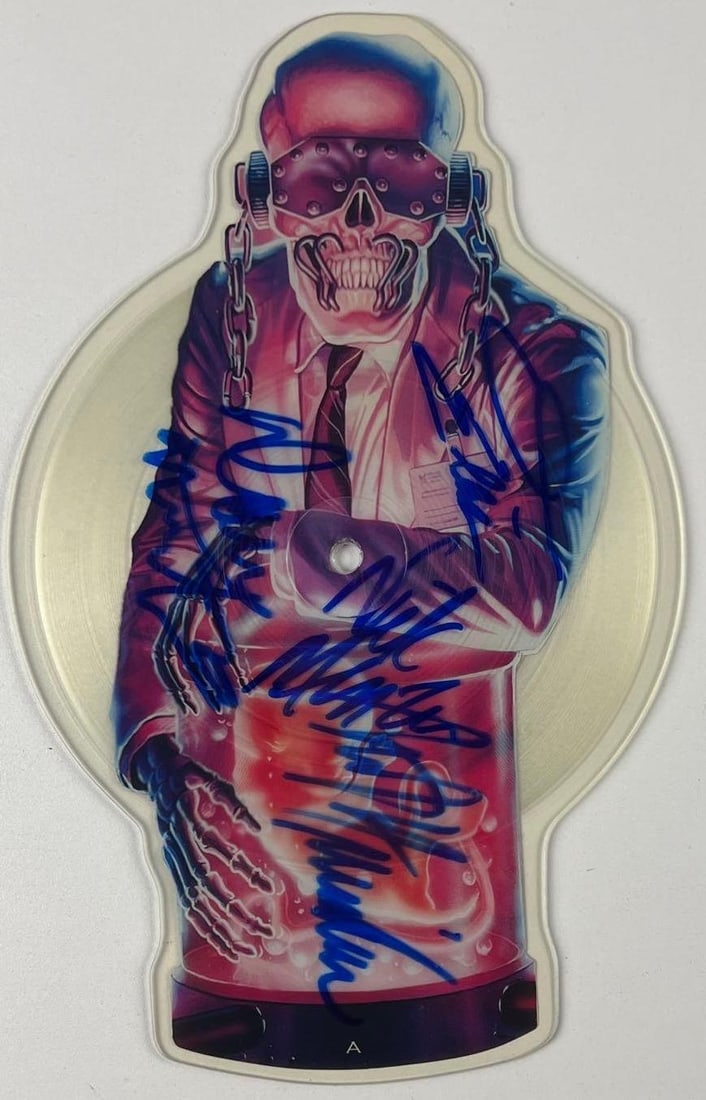 Megadeth Group Signed "Hanger 18" Shaped Picture Disc (4 Sigs) (Beckett): Cool "Hanger 18" limited edition shaped picture disc signed on the front in blue felt tip marker by Megadeth band members Nick Menza, David Ellefson, Dave Mustaine, and Marty Friedman. Measuring appro