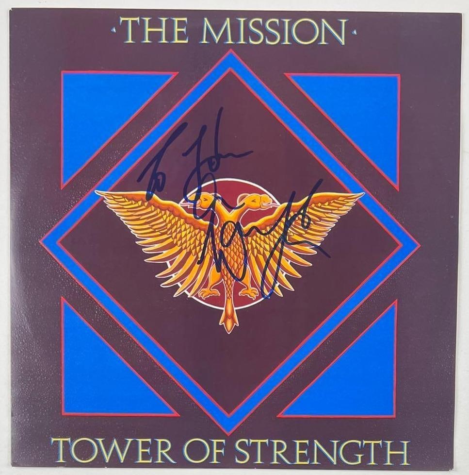 The Mission: Wayne Hussey Signed "Tower of Strength" Album (Beckett Authentication): "Tower of Strength" album signed on the cover in blue felt tip marker by The Mission band member Wayne Hussey, who inscribed "To John" before his signature. Measuring approximately 12" x 12" and in