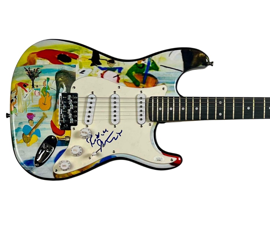 The Band: Robbie Robertson In-Person Signed "Music from Big Pink" Themed Guitar (JSA Authentication): Custom-designed electric guitar featuring artwork inspired by Music from Big Pink, signed on the pickguard in blue felt tip marker by The Band's legendary guitarist Robbie Robertson. Measuring
