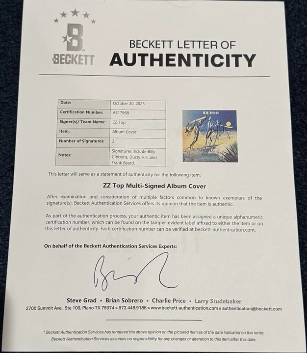 ZZ Top Group Signed "Tejas" Album (3 Sigs) (Beckett Authentication) - 4