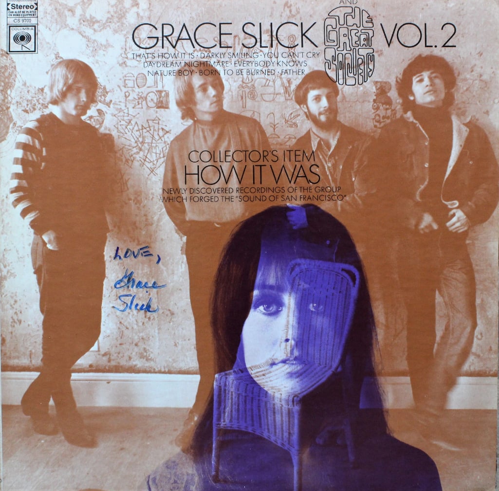 Jefferson Airplane: Grace Slick Signed "The Great Society" Album (ACOA): "The Great Society" album signed on the cover in blue felt tip marker by Jefferson Airplane band member Grace Slick. Measuring approximately 12" x 12" and in fine condition. Accompanied by an ACOA
