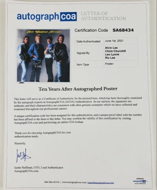 Ten Years After Group Signed 20" x 20" Poster (4 Sigs) (ACOA Authentication) - 2