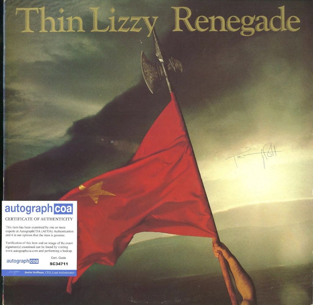 Thin Lizzy: Phil Lynott Signed "Renegade" Album (ACOA Authentication): "Renegade" album signed on the cover in black ballpoint pen by Thin Lizzy band member Phil Lynott. Measuring approximately 12" x 12" and in fine condition. Accompanied by an ACOA COA (#SC34711).