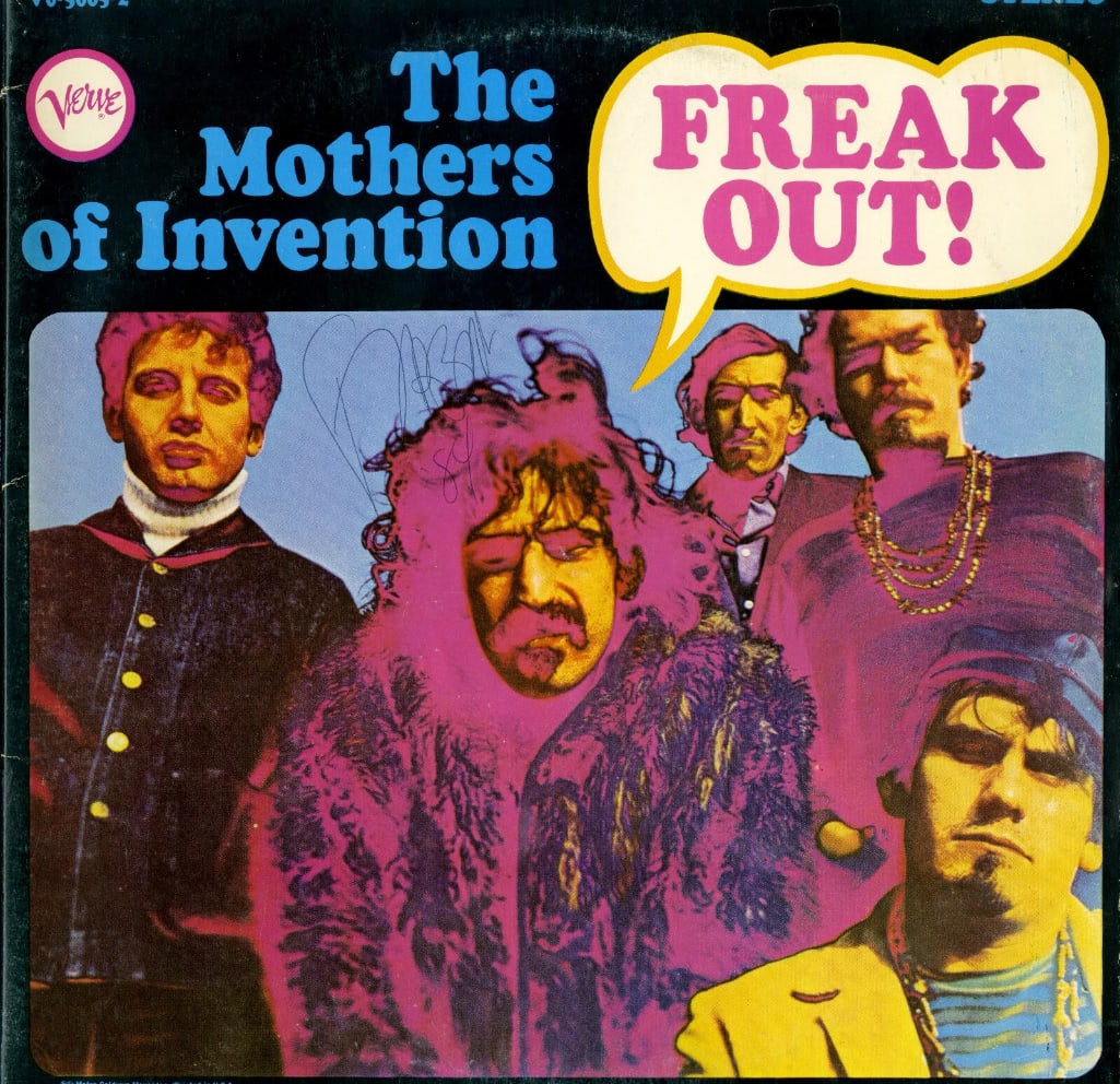 Frank Zappa & the Mothers of Invention: Frank Zappa Signed Debut "Freak Out" Album (ACOA Auth.): "Freak Out" debut album signed on the cover in blue ballpoint pen by Frank Zappa & the Mothers of Invention front man Frank Zappa. Measuring approximately 12" x 12" and in very good condition, with