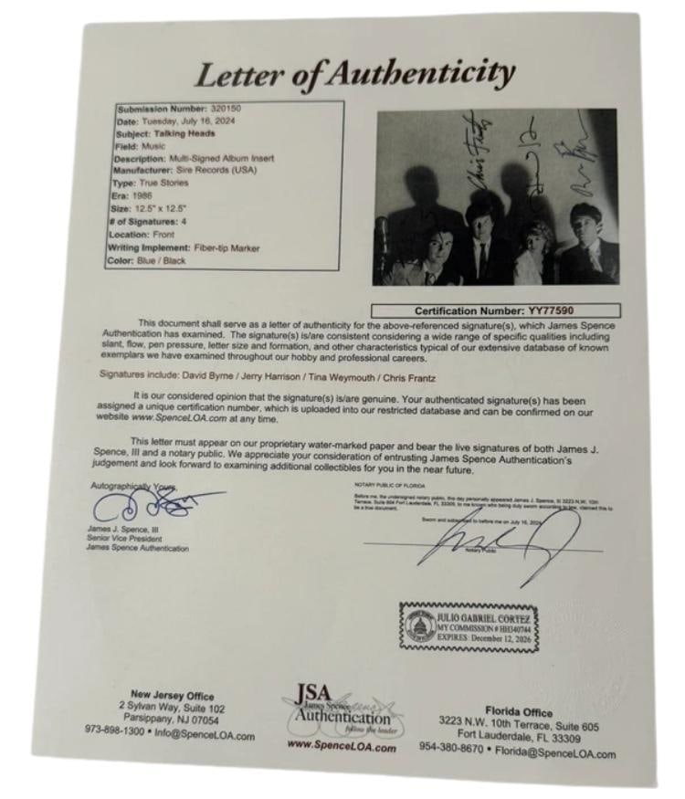 Talking Heads Fully Group Signed "True Stories" Album Insert (4 Sigs) (JSA) - 2