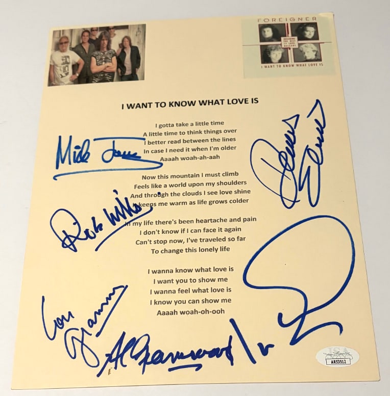 Foreigner Group Signed 10" x 8" "I Want to Know What Love Is?" Typed Lyric Sheet (5 Sigs) (JSA Auth) (1 of 1)