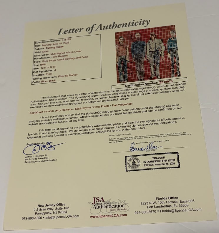Talking Heads Fully Signed "More Songs About Buildings and Food" Album (4 Sigs) (JSA Authentication) - 2