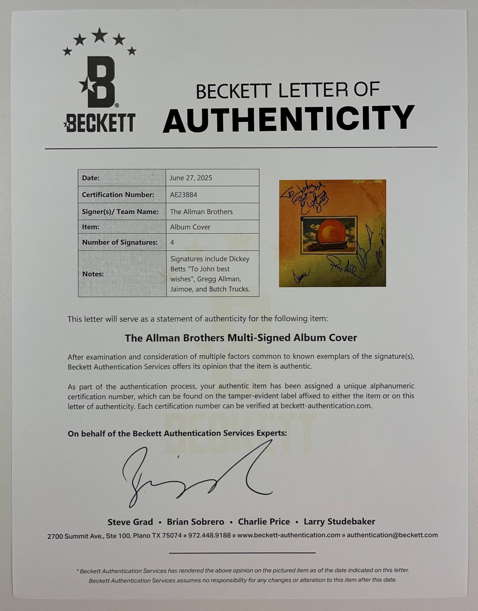 The Allman Brothers Band Group Signed "Eat a Peach" Album (4 Sigs) (Beckett Authentication) - 3