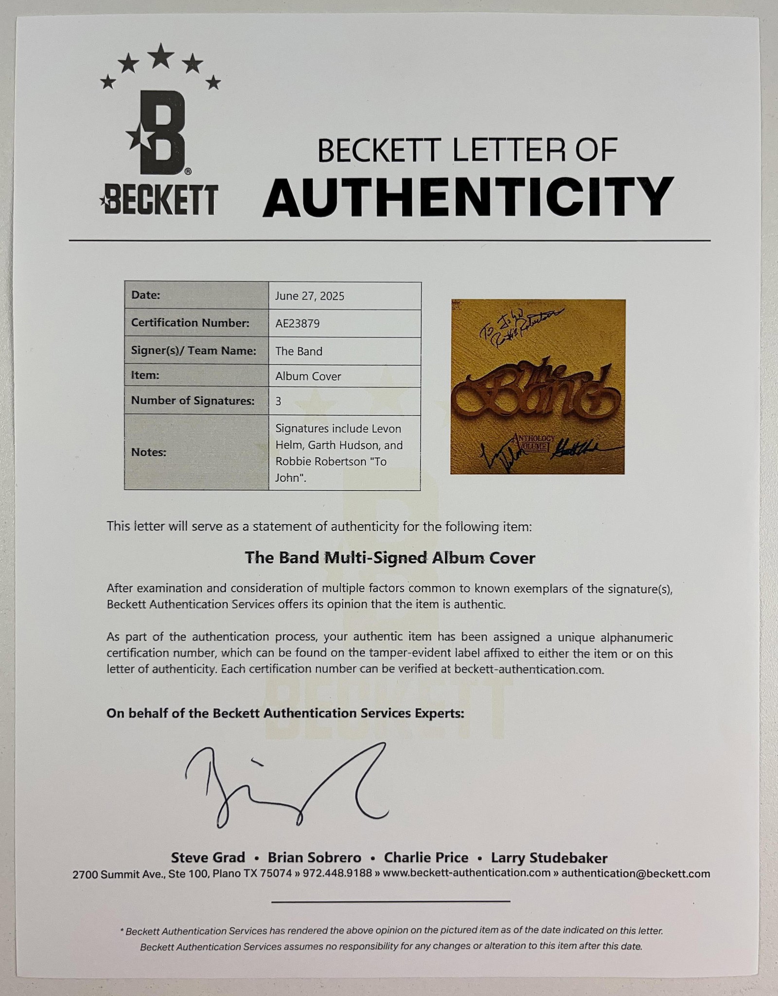 The Band Group Signed "Anthology" Album (3 Sigs) (Beckett Authentication) - 3