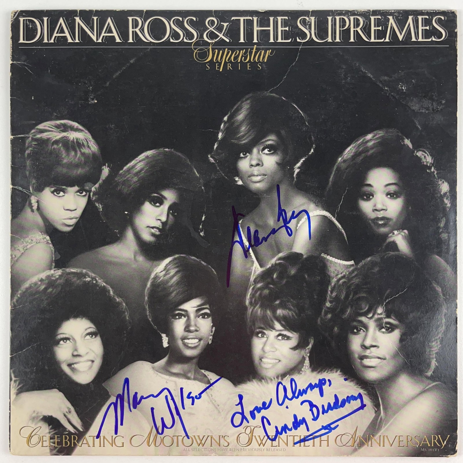The Supremes & Diana Ross Group Signed "Celebrating Motown's 20th Anniversary" Album (3 Sigs) (BAS): "Celebrating Motown's 20th Anniversary" album signed on the cover in blue felt tip marker by The Supremes singers Diana Ross, Mary Wilson, and Cindy Birdsong, who inscribed "love always." Measuring ap