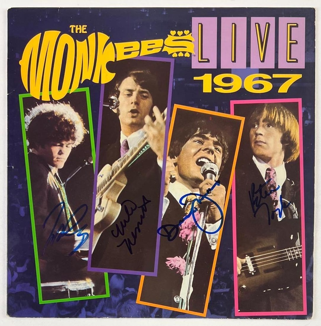 The Monkees Fully Group Signed "The Monkees Live 1967" Album (4 Sigs): "The Monkees Live 1967" album signed on the cover in blue felt tip marker by the Monkees band members Peter Tork, Michael Nesmith, Davy Jones, and Micky Dolenz. Measuring approximately 12" x 12" and i