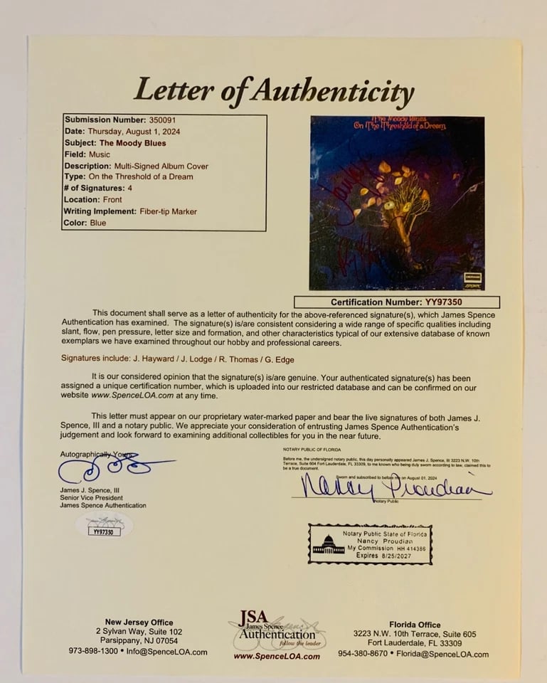 Moody Blues Group Signed "On a Threshold of a Dream" LP Album (4 Sigs) (JSA Authentication) - 2