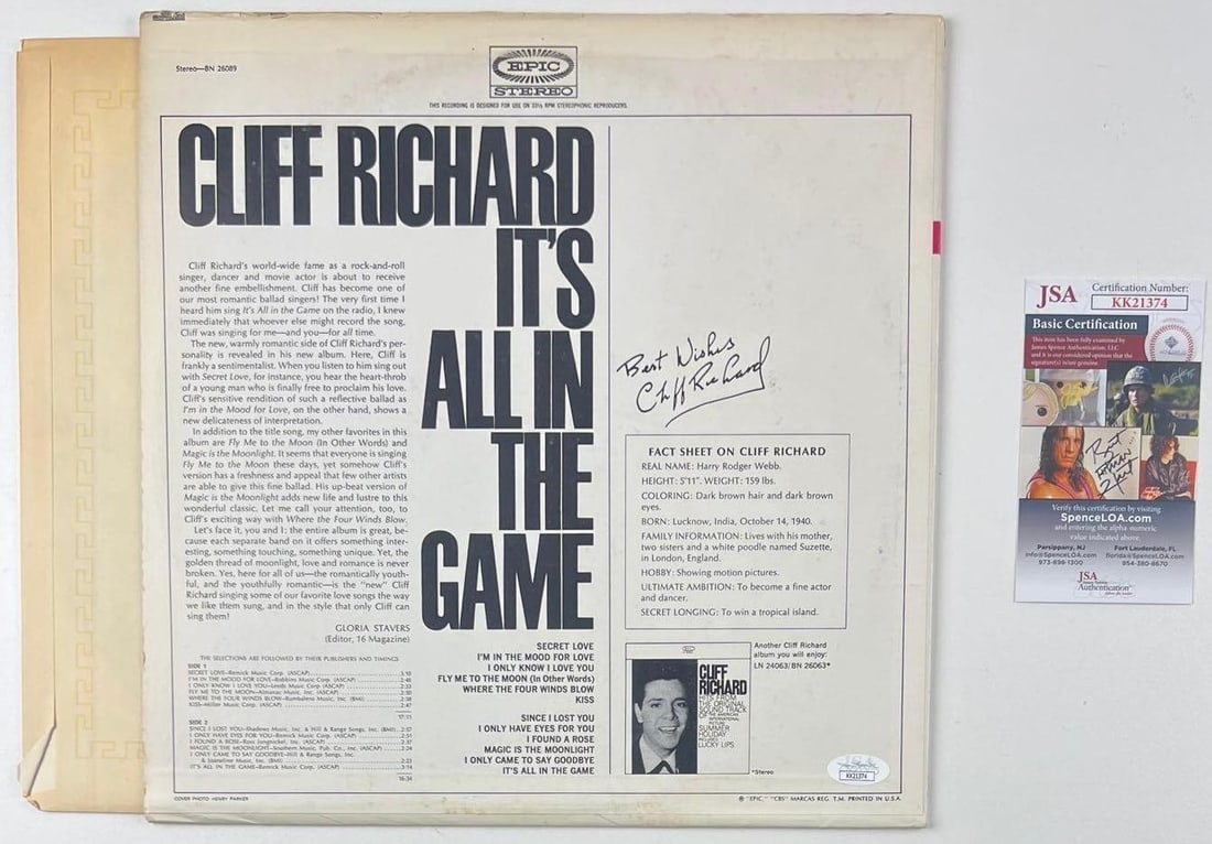 Cliff Richards Signed "It's All in the Game" Album (JSA Authentication) - 2