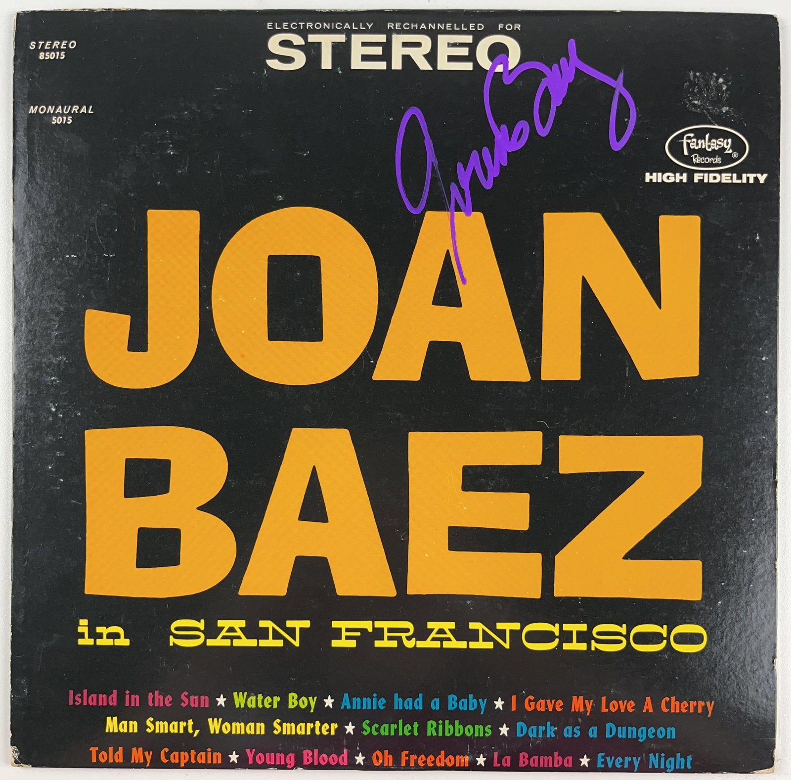 Joan Baez Signed "Joan Baez in San Francisco" Album (Beckett Authentication): "Joan Baez in San Francisco" album signed on the cover in purple paint pen by musician Joan Baez. Measuring approximately 12" x 12" and in fine condition. Record is included. Obtained in-person.