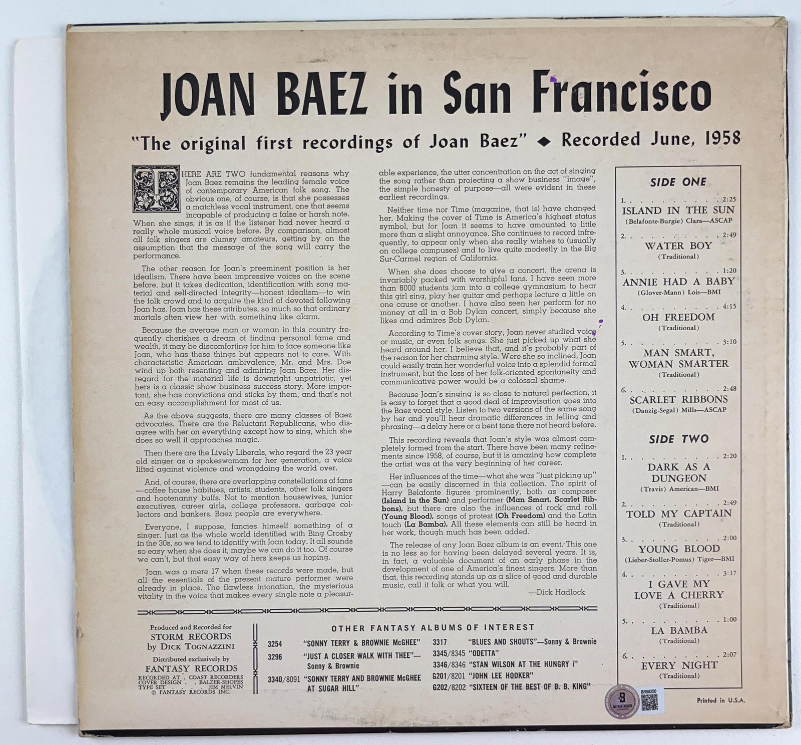 Joan Baez Signed "Joan Baez in San Francisco" Album (Beckett Authentication) - 2