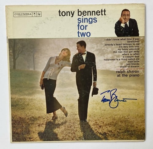 Tony Bennett Signed "Tony Bennett Sings for Two" Album (JSA Authentication): "Tony Bennett Sings for Two" album signed on the cover in blue felt tip marker by musician Tony Bennett. Measuring approximately 12" x 12" and in fine condition. Record is included. Obtained in-person