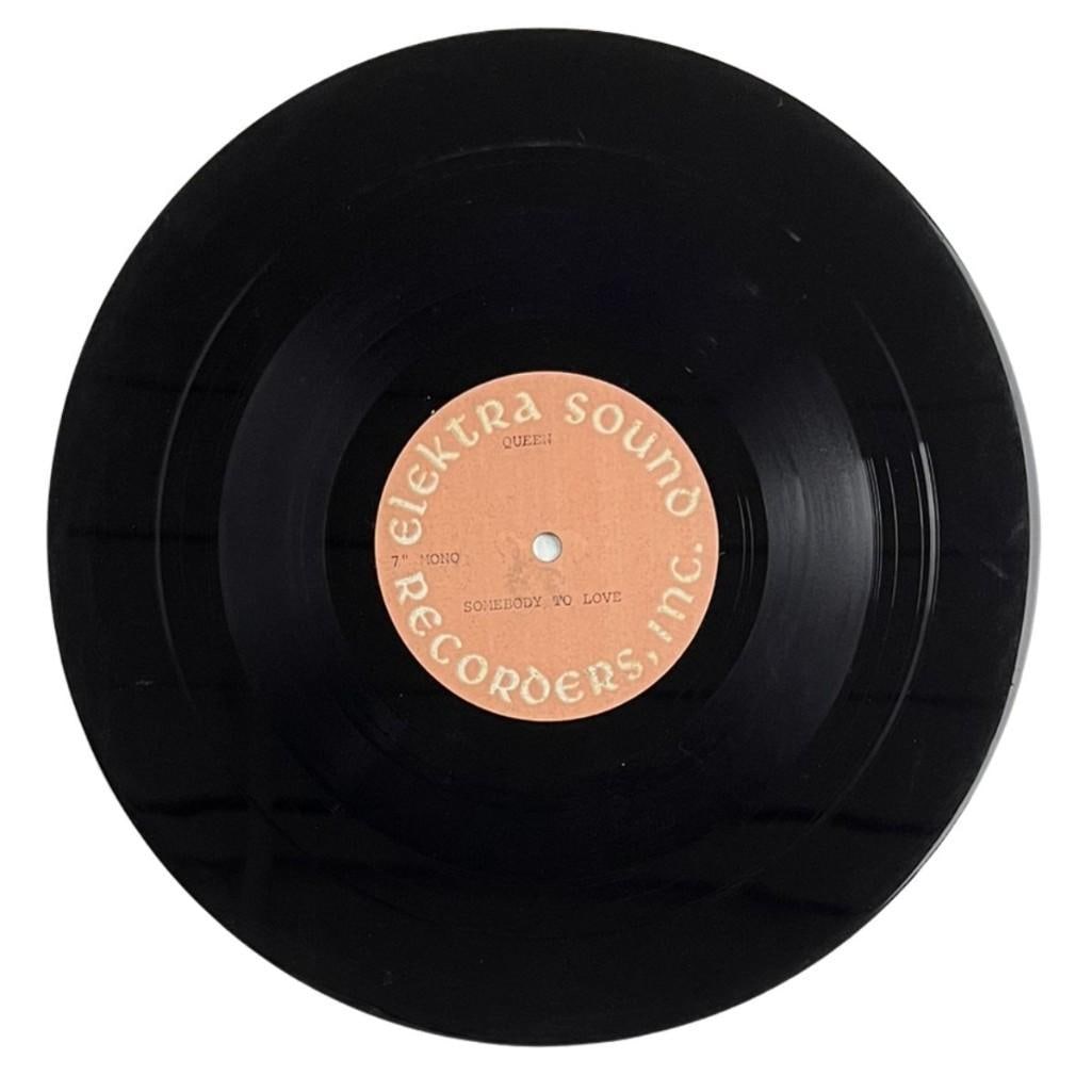 Queen Rare Original "Somebody to Love" Acetate Disc: Incredibly rare Elektra Sound Rec. single-sided “Somebody to Love” original acetate disc. The disc label reads “Queen 7" MONO Somebody to Love.” Acetate measuring approximately