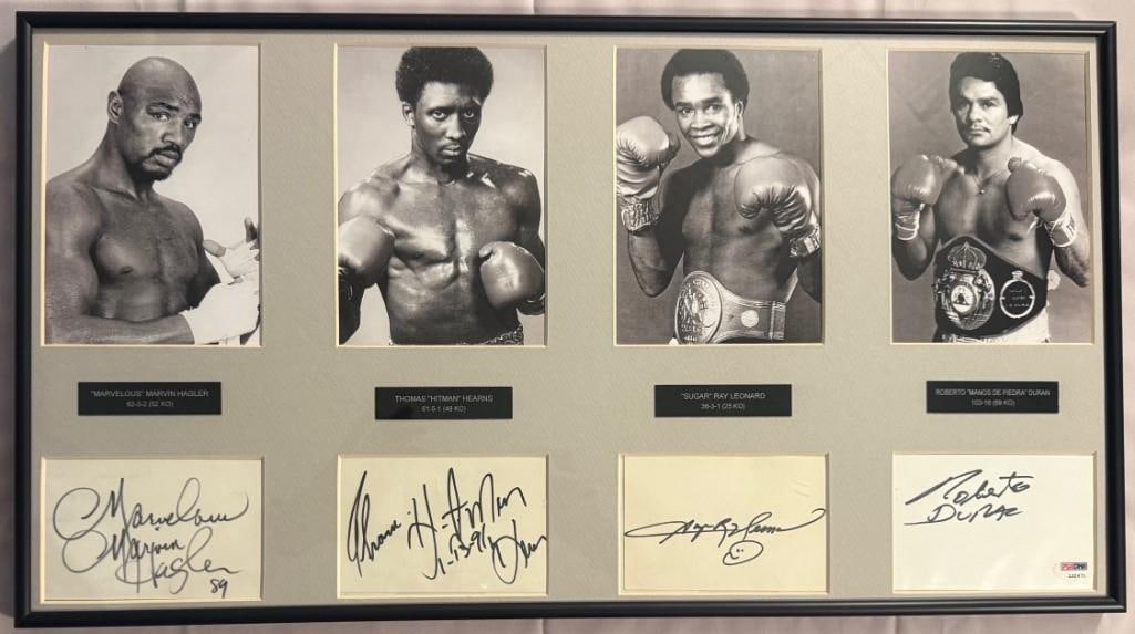 Four Kings: Marvin Hagler, Sugar Ray Leonard, Thomas Hearns & Roberto Duran Framed Signed Cards: Four 3" x 5" index cards, each signed in black felt tip marker by boxers Marvin Hagler, Sugar Ray Leonard, Thomas Hearns, and Roberto Duran. Each signed card is displayed below a black-and-white