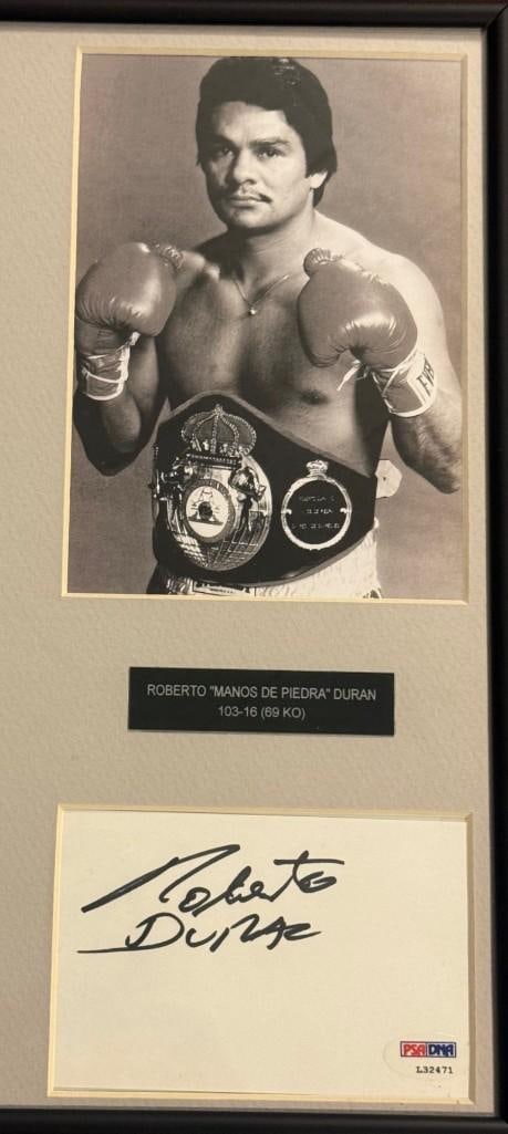 Four Kings: Marvin Hagler, Sugar Ray Leonard, Thomas Hearns & Roberto Duran Framed Signed Cards - 3