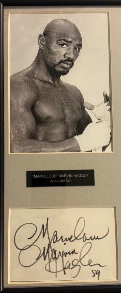 Four Kings: Marvin Hagler, Sugar Ray Leonard, Thomas Hearns & Roberto Duran Framed Signed Cards - 5