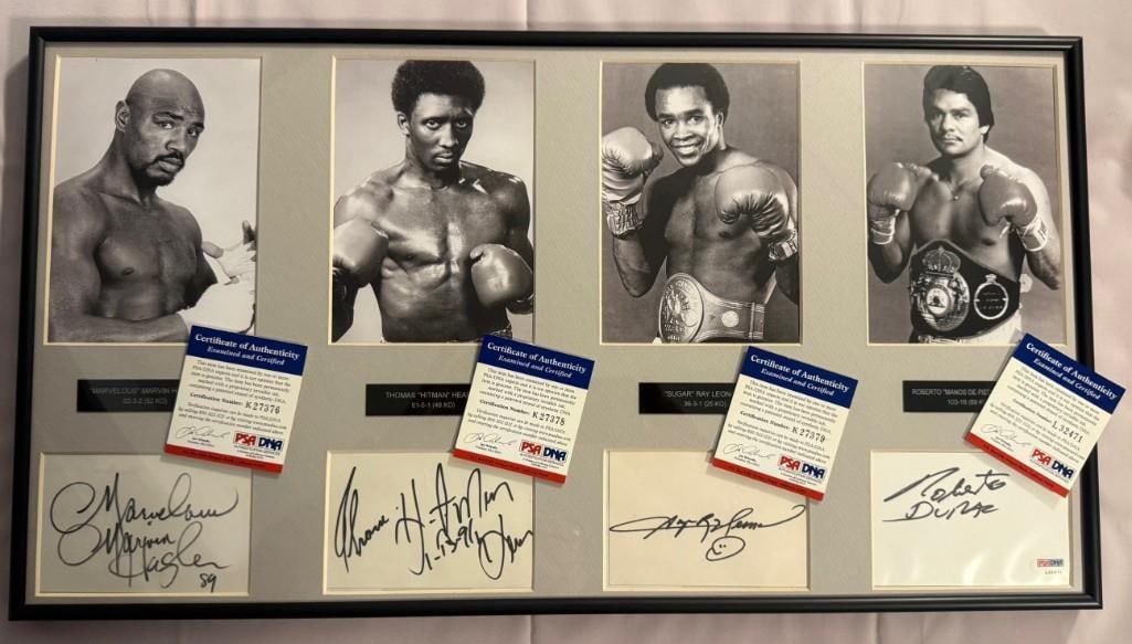 Four Kings: Marvin Hagler, Sugar Ray Leonard, Thomas Hearns & Roberto Duran Framed Signed Cards - 7