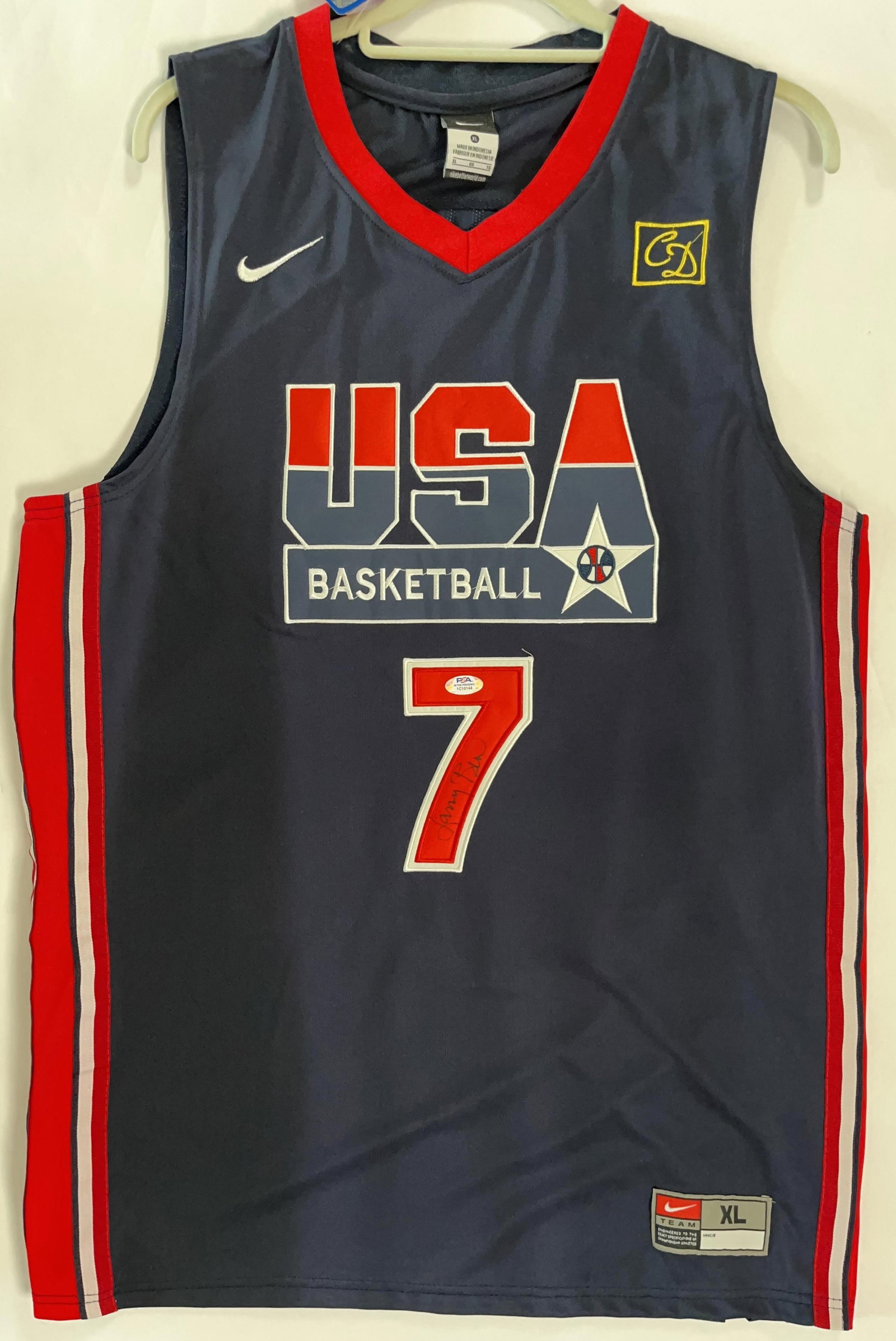 Larry Bird Signed Team USA Basketball "Dream Team" #7 Jersey (PSA/DNA Authentication): Blue 33.5" x 21" team USA basketball "Dream Team" jersey signed on the front numbering in black felt tip marker by Celtics player Larry Bird. In fine condition. Accompanied by a PSA/DNA COA