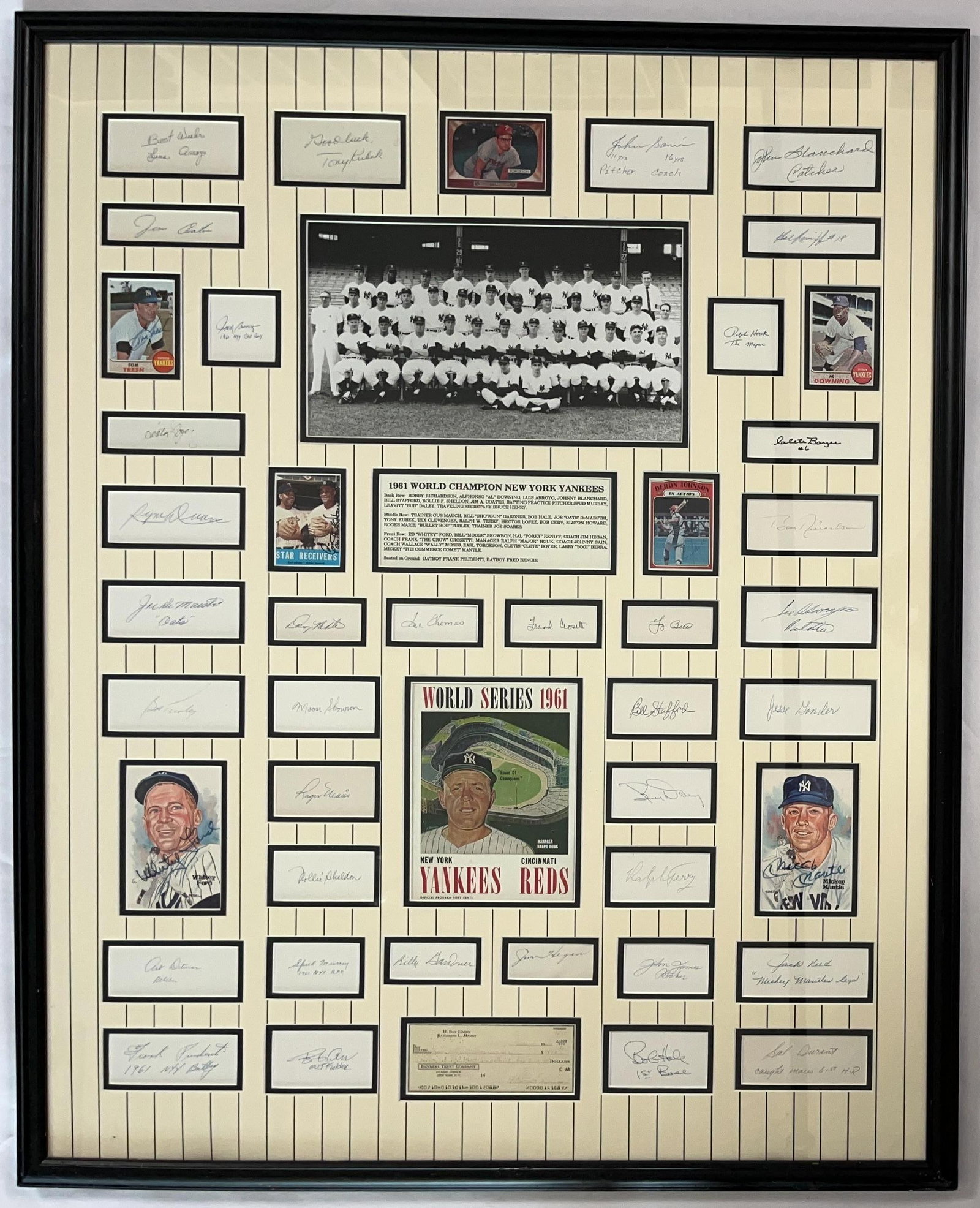New York Yankees 1961 World Champions Framed Display of 40+ Signed Cuts (James Spence Note): Incredible framed display of 40+ white cuts and cards, each signed by a member of the 1961 New York Yankees World Champion team. Across the top row are cuts signed by Luis Arroyo, Tony Kubek, Earl