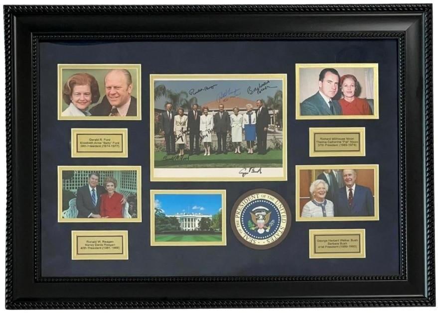 Multi-Signed Presidents & First Ladies of the United States Framed Photo Display (8 Sigs) (PSA/DNA): Framed display of one signed photo and five unsigned photos and Presidential seal by several United States Presidents and their First Ladies. Color photo signed in black felt tip marker, and black