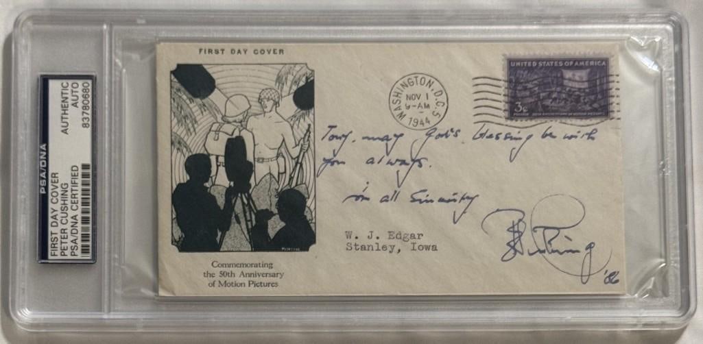 Peter Cushing Signed 1986 First Day Cover 50th Motion Picture Anniversary (PSA/DNA Encapsulated): White First Day Cover commemorating 50th anniversary of motion pictures signed in blue ink by actor Peter Cushing, who inscribed the message "Tony, may god's blessing be with you always in all