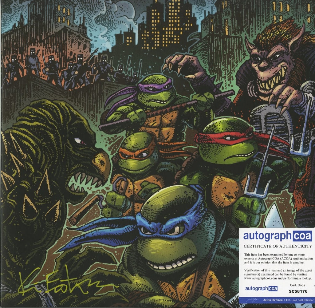 Kevin Eastman Signed "Teenage Mutant Ninja Turtles" Soundtrack Album (ACOA): "Teenage Mutant Ninja Turtles" soundtrack album signed on the cover in yellow felt tip marker by cartoonist Kevin Eastman. Measuring approximately 12" x 12" and in fine condition. Record is included.